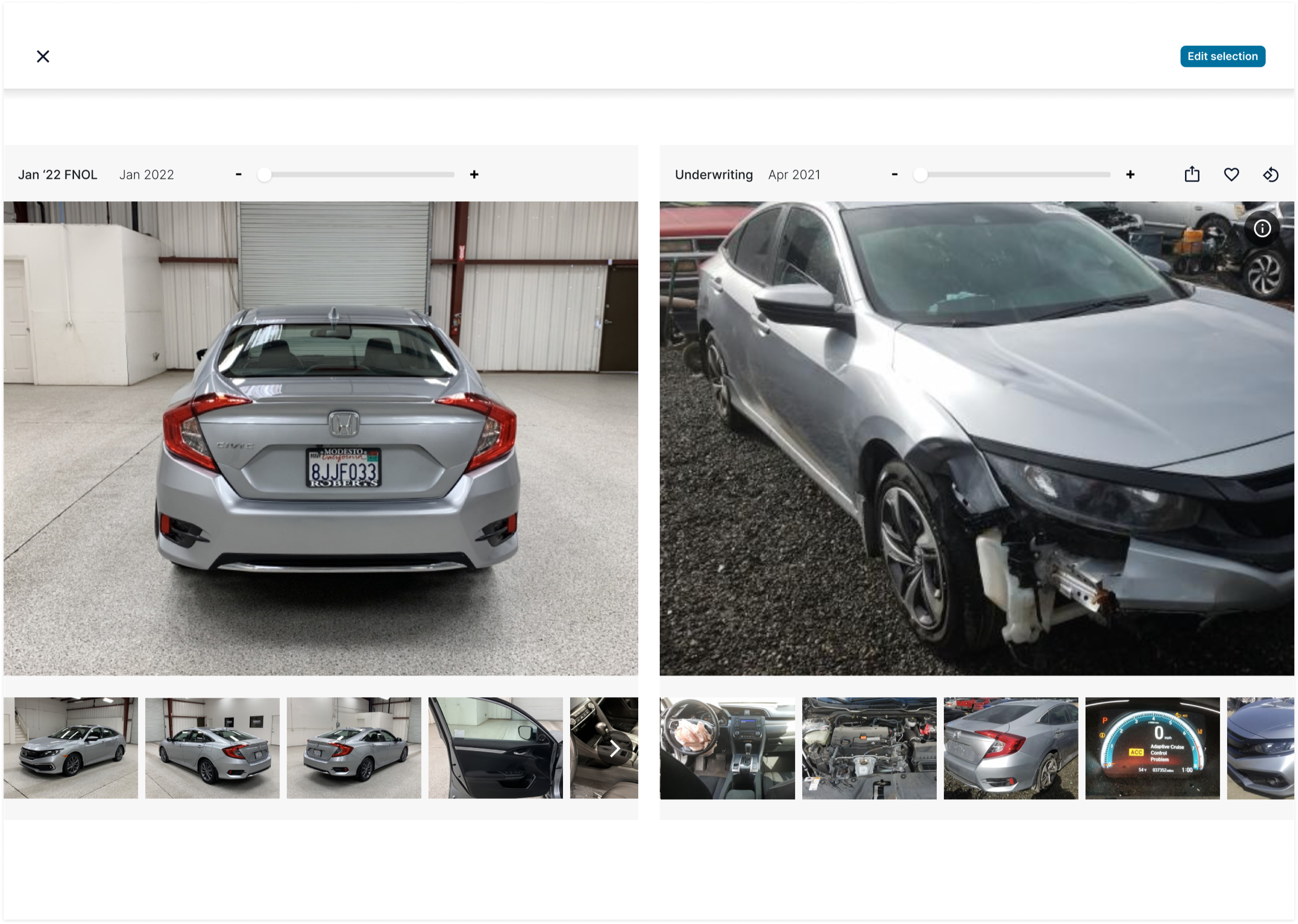 The v1 MVP compare view, with FNOL and underwriting photo groups automatically loaded for comparison.
